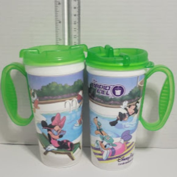 Set of 2 Disney Parks Rapid Refill Travel Mug Green Mickey, Minnie, Pluto, etc. - Picture 1 of 3